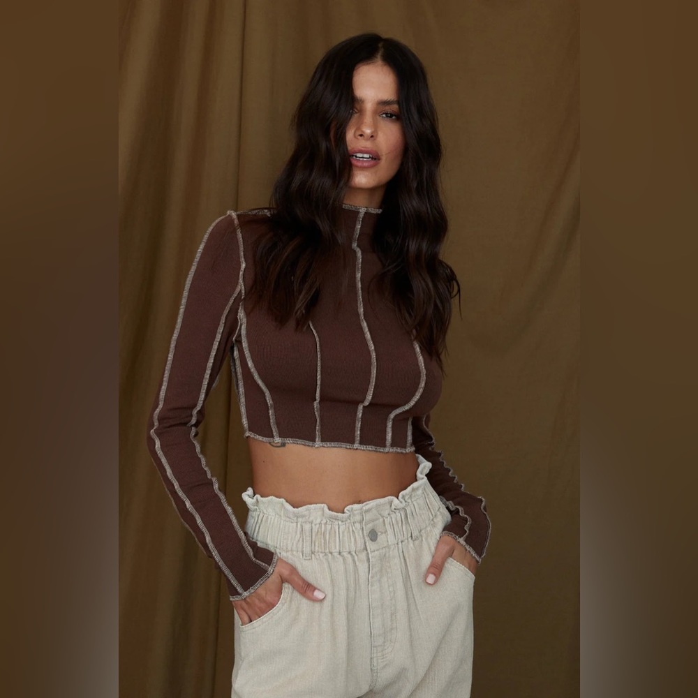 12TH TRIBE AVALON BROWN RIBBED LONG SLEEVE TOP